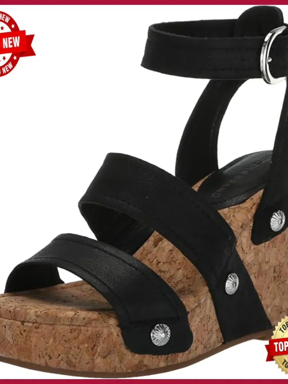 Studded Cork Wedge Sandals, Leather Upper, Ankle Strap, Casual Wear